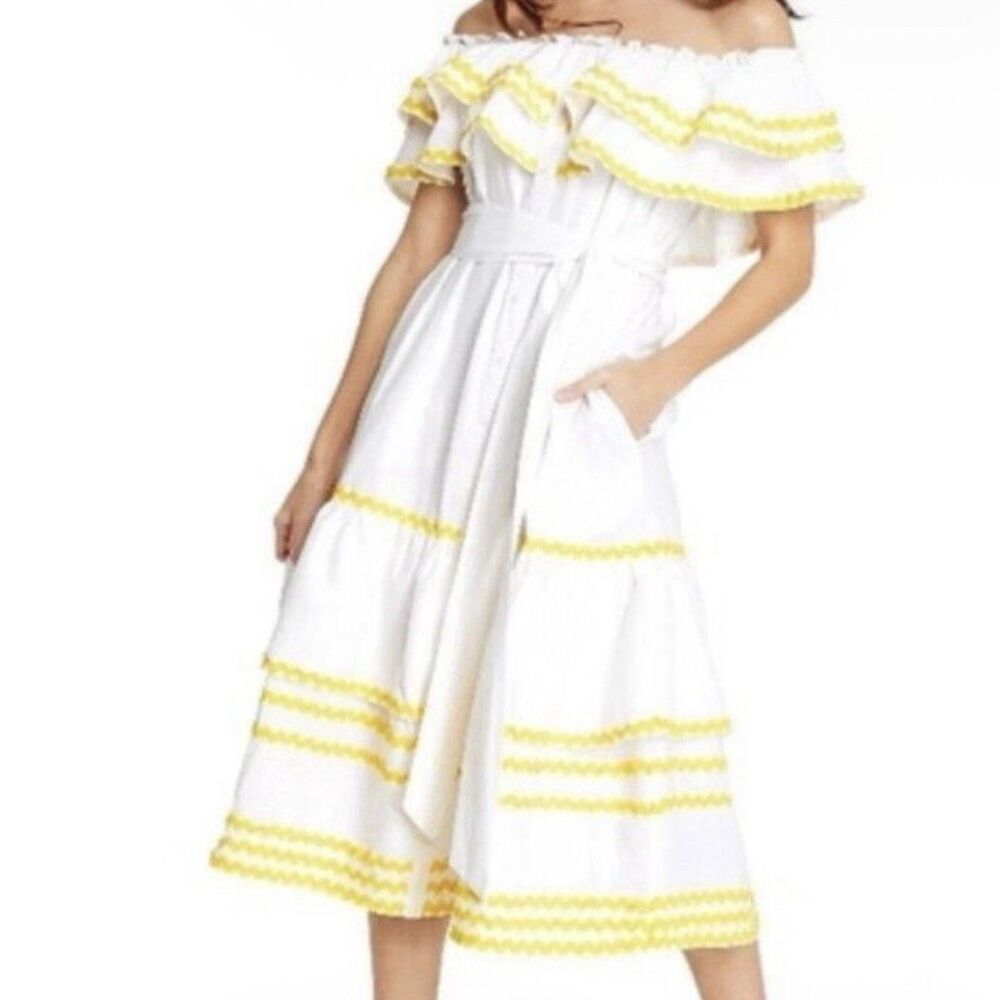 Women’s Summer Off The Shoulder White Ruffle Midi Sundress Yellow Trim Resort 1X